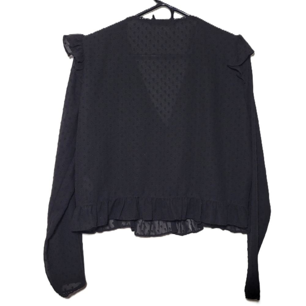 ZARA Black Ruffle Swiss Dot V-Neck Button Up Long Sleeve Blouse Top L Baby Doll - Picture 2 of 10